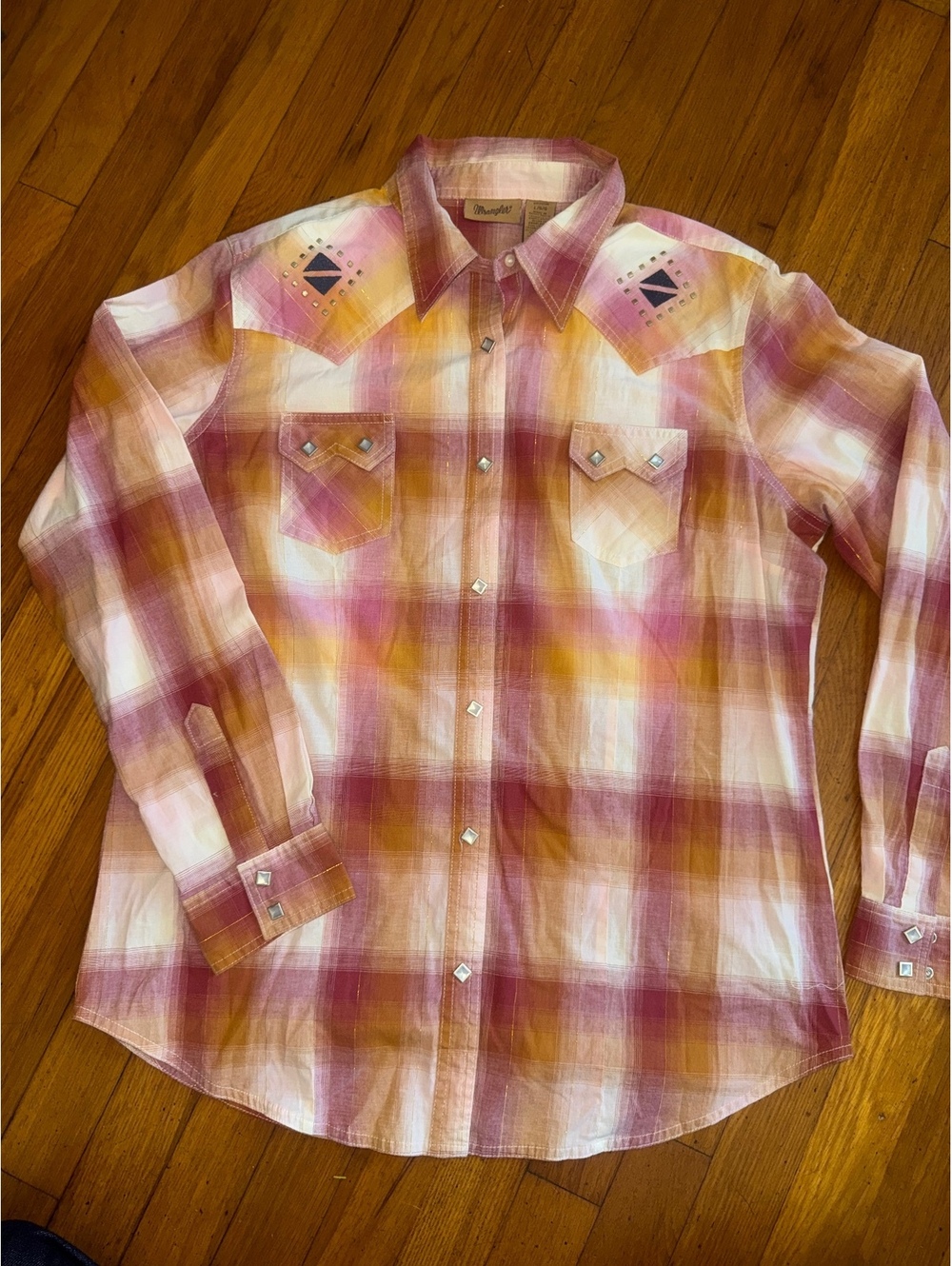 Wrangler Boho Western Plaid Studded Western Pearl Snap Long Sleeve Shirt Size L